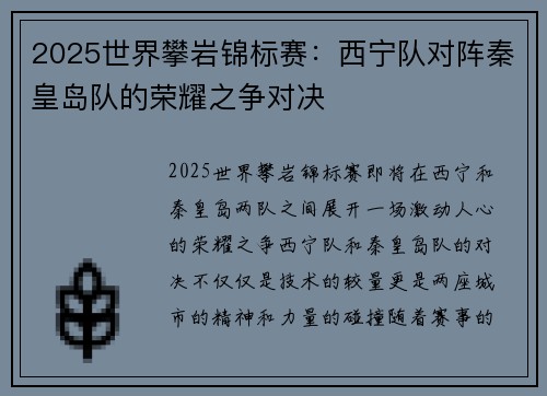 2025世界攀岩锦标赛：西宁队对阵秦皇岛队的荣耀之争对决